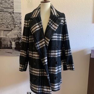 Topshop Plaid Patterned Black and White Peacoat